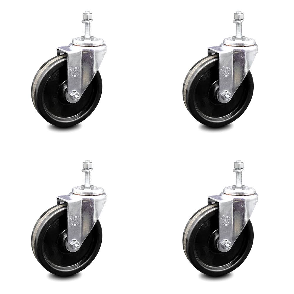 Phenolic Swivel Threaded Stem Caster Set of 4 with 5 inch x 1.25 inch Black Wheels and 3/8 inch Stems U72661