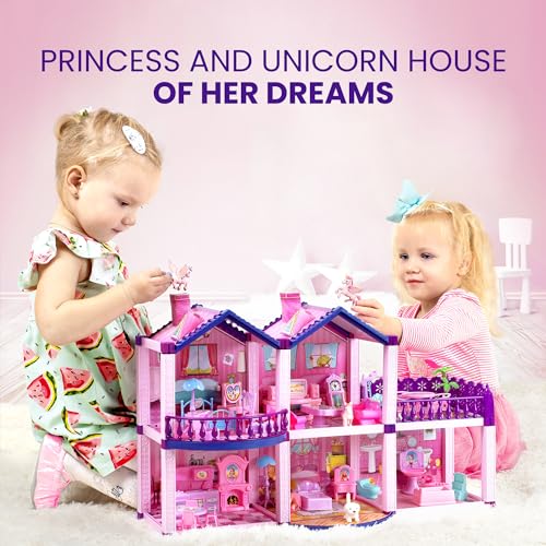 Pink and Purple 5 Room Dollhouse with 4 Princesses, 4 Unicorns, Dog, Furniture and Accessories B9924