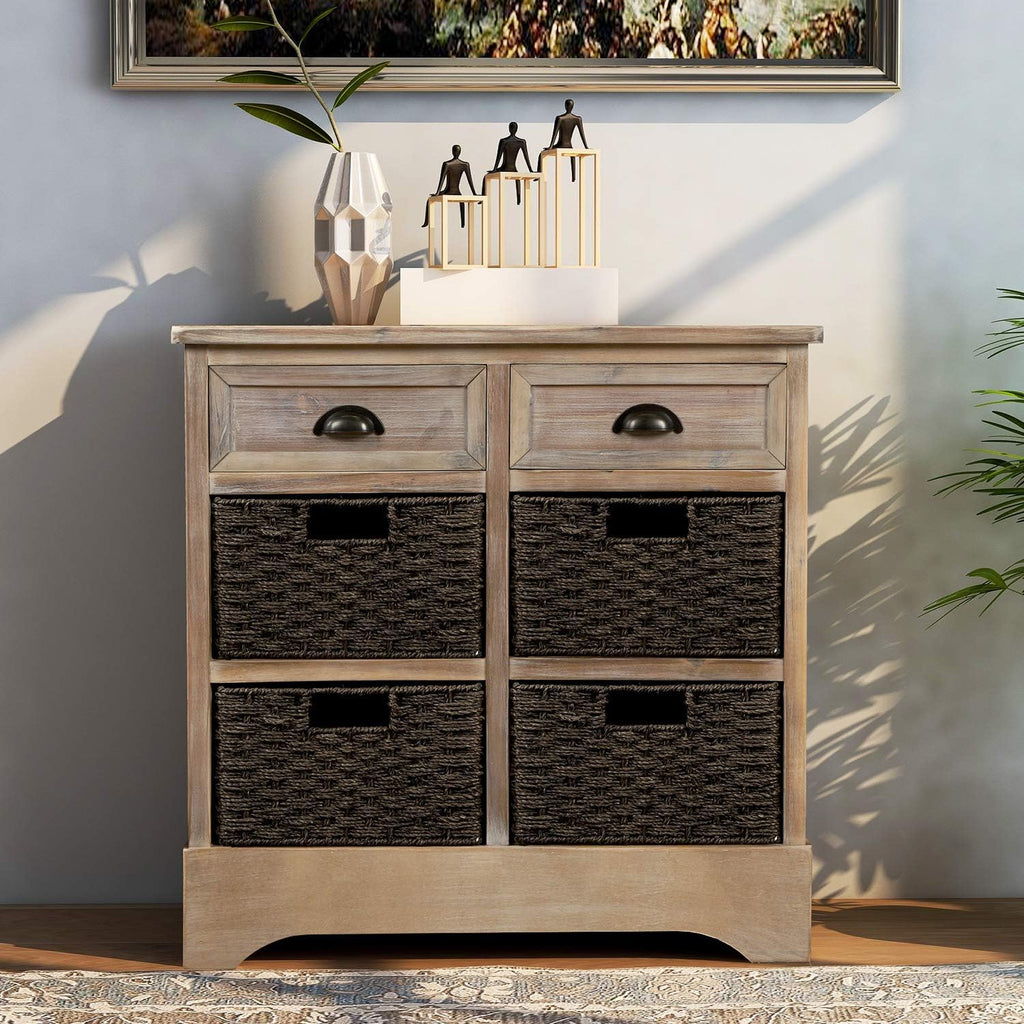 Rustic Storage Cabinet with Two Drawers and Four Fabric Basket (White) U29879