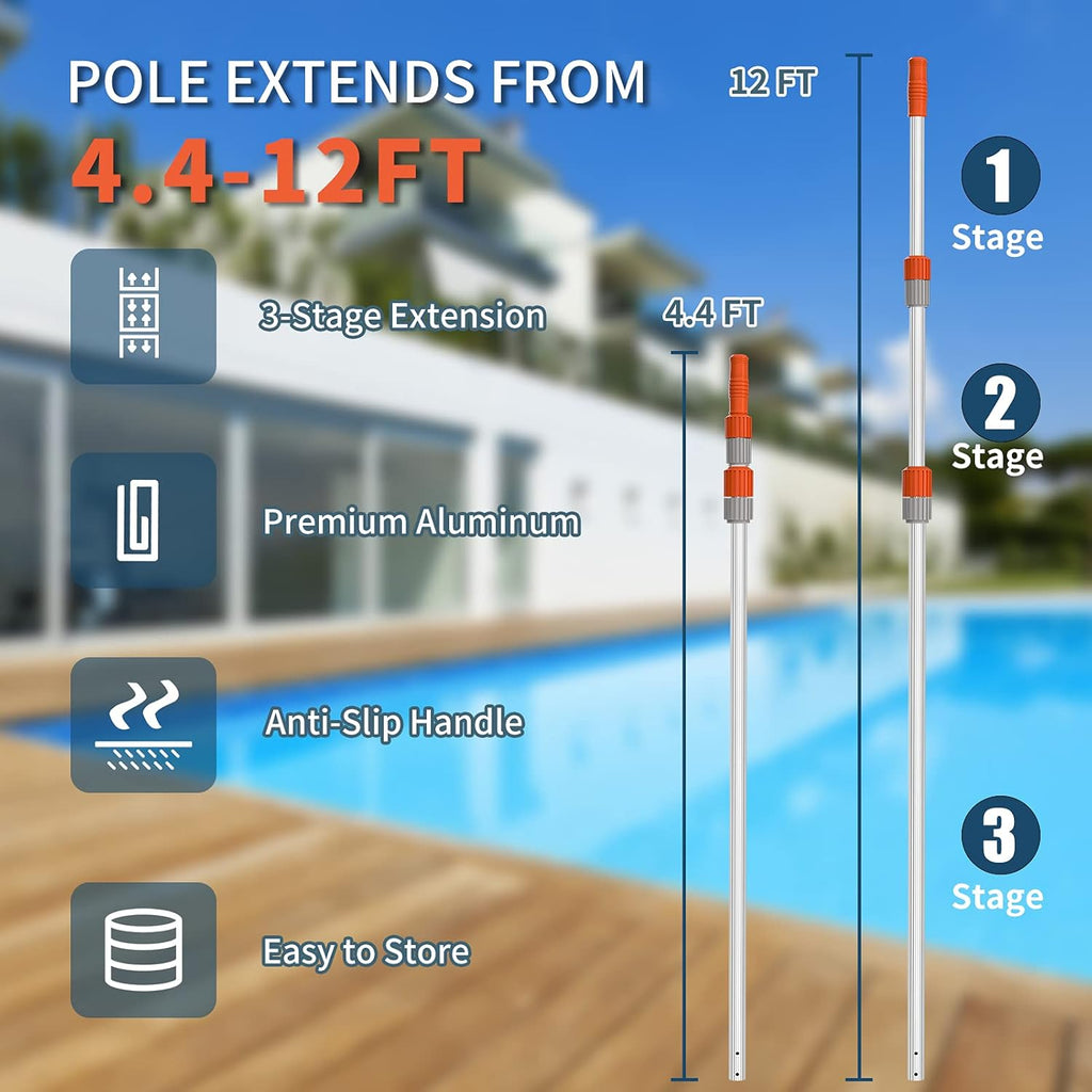 19" Polished Nylon Bristles Pool Brush Head with 12 ft Aluminum Telescopic Pole, Pack of 2 E6559