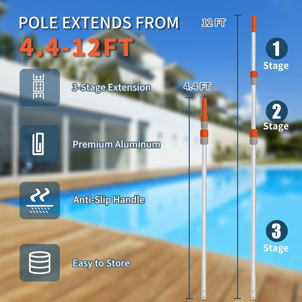 19" Polished Nylon Bristles Pool Brush Head with 12 ft Aluminum Telescopic Pole, Pack of 2 E6559