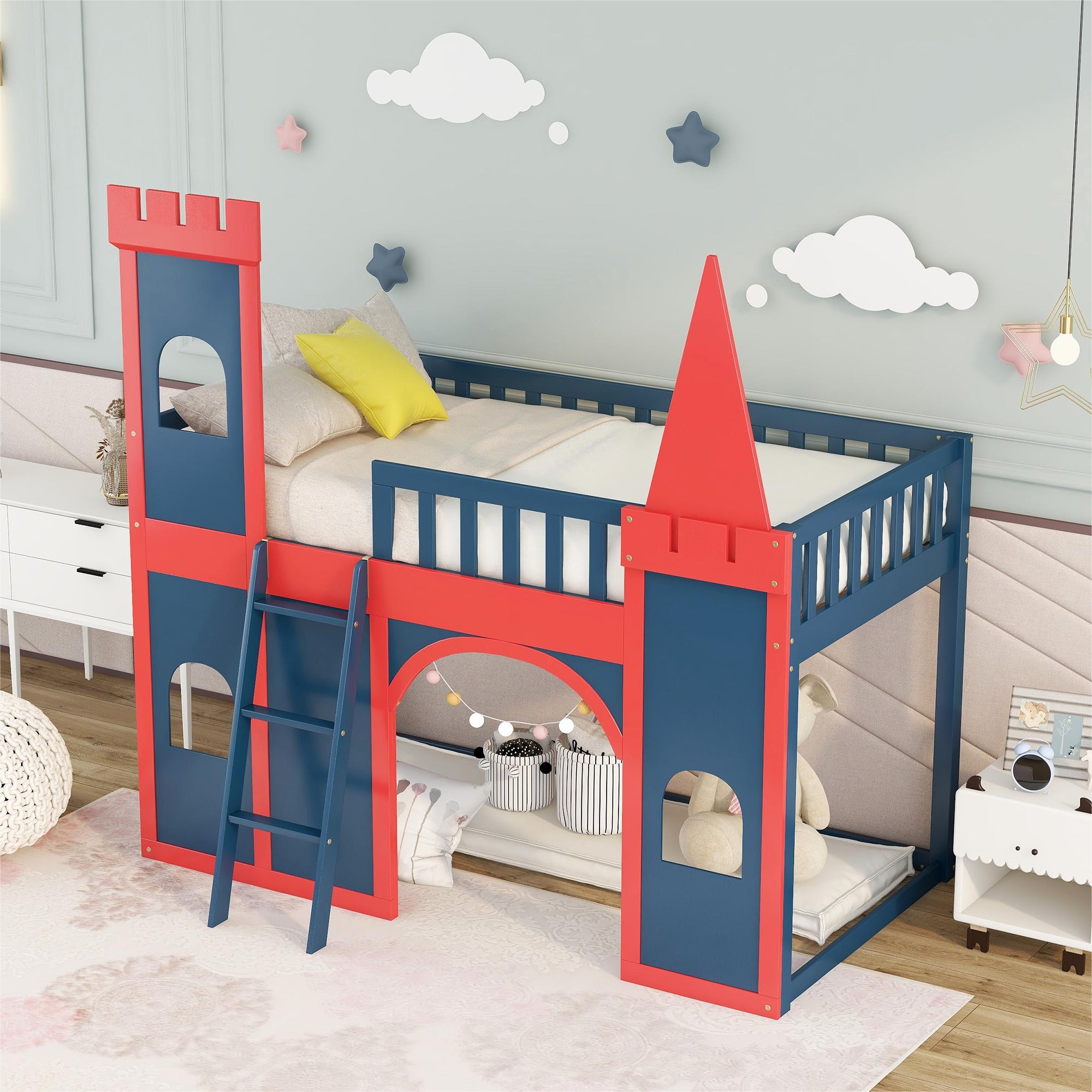 Red and Blue Twin Size Loft Bed with Ladder E9605