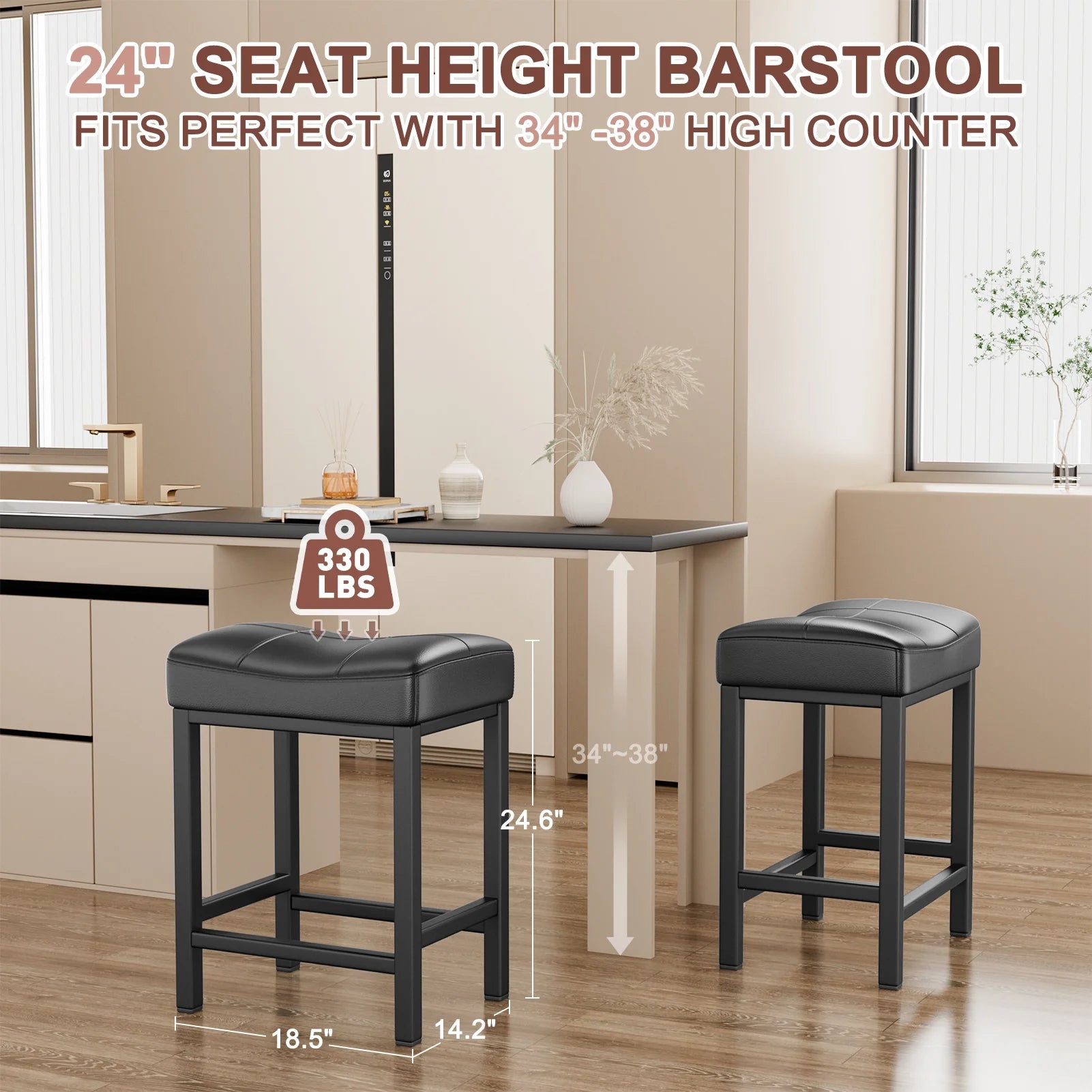 Black PU Leather Counter Bar Stools Set of 2 with Metal Base T754035