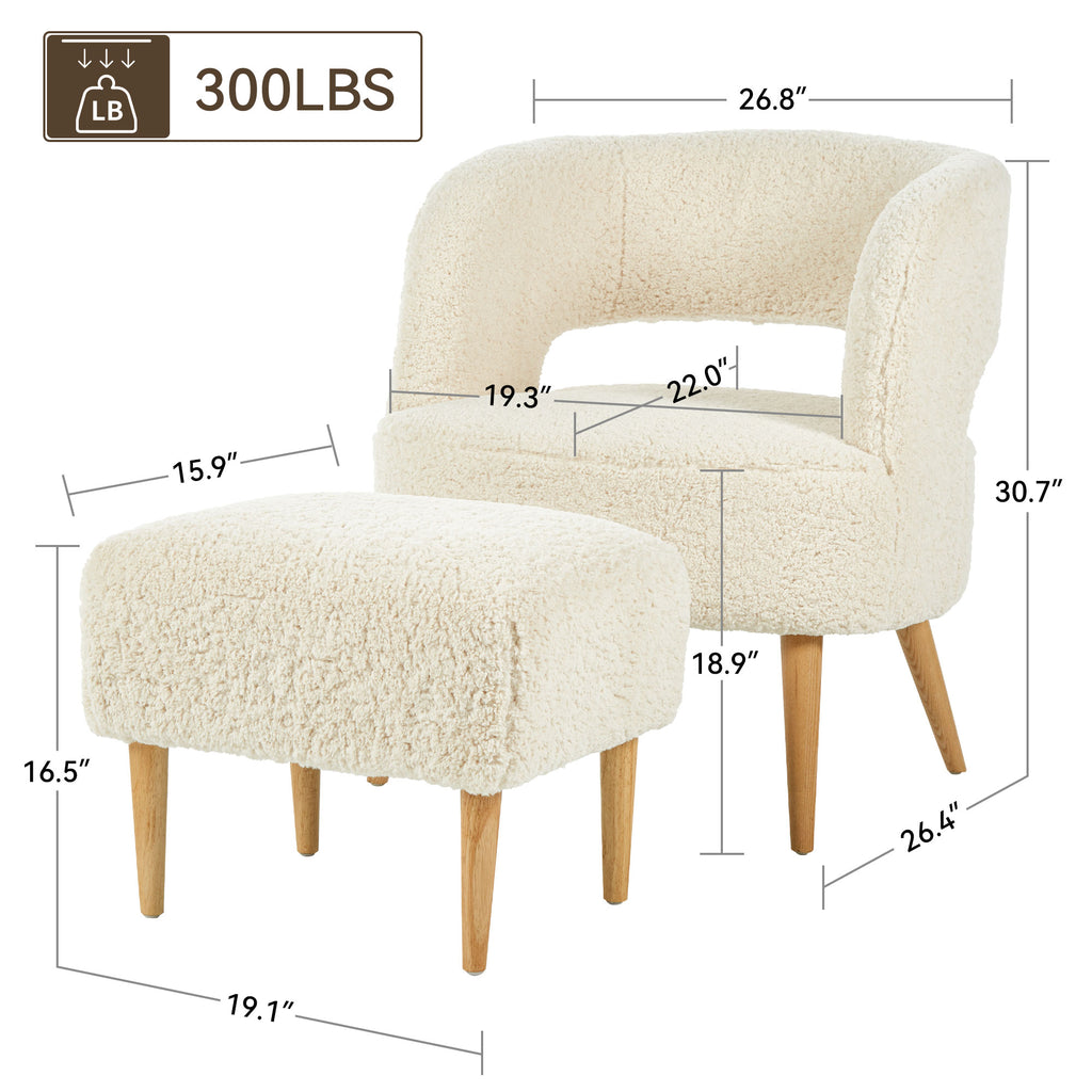 Beige Teddy Fleece Accent Chair with Ottoman and Wooden Legs J102