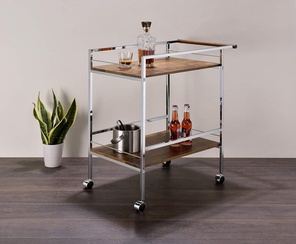 Chrome Oak Wood Metal Rolling Bar Serving Cart M8050