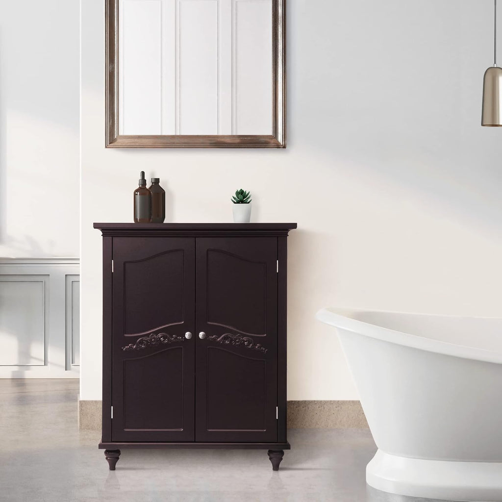 Freestanding Floor Cabinet with 2 Floral Scroll Doors and 2 Adjustable Shelves, Dark Espresso K19798