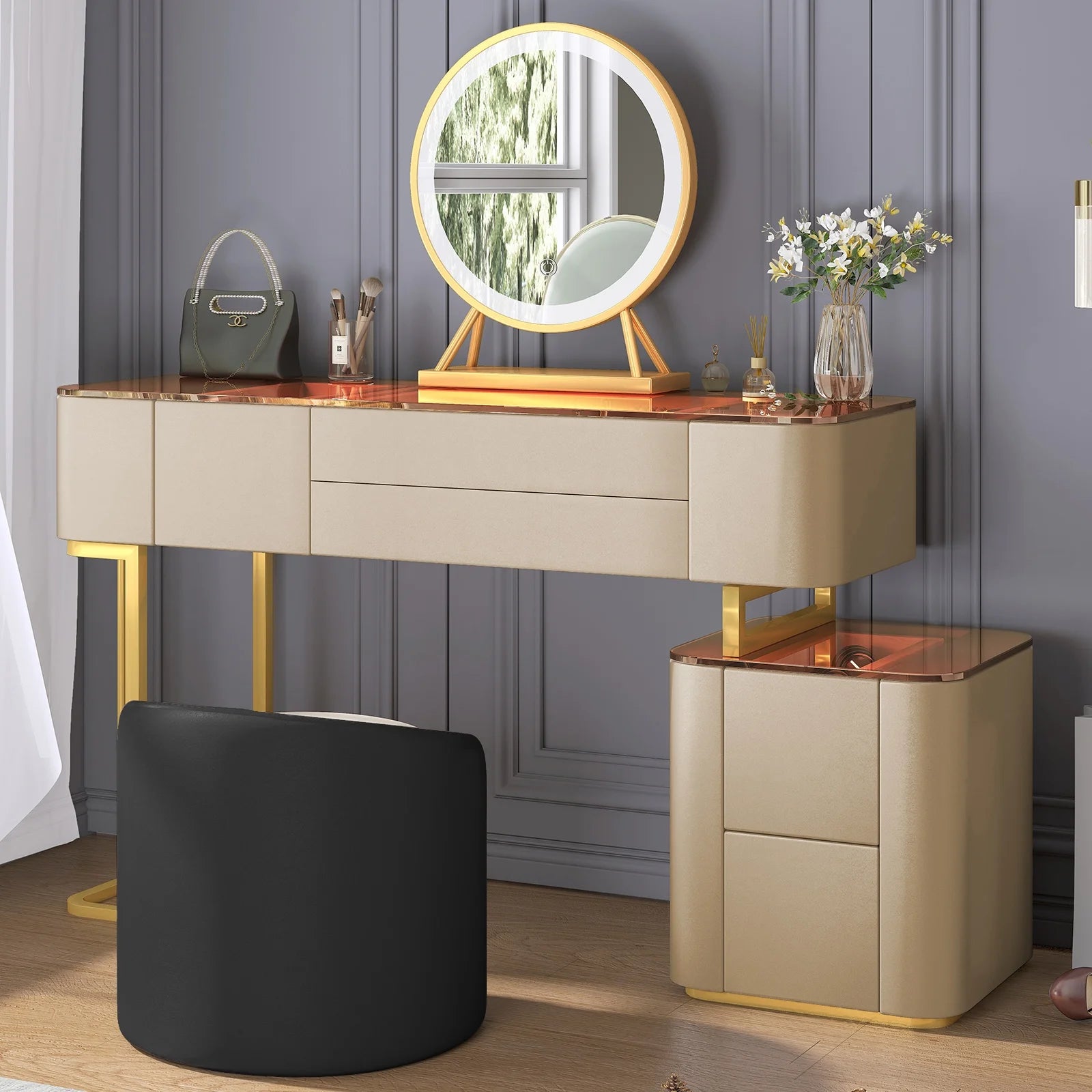 Vanity Set with LED Light Mirror, Drawers, Dressing Table and Chair V1910