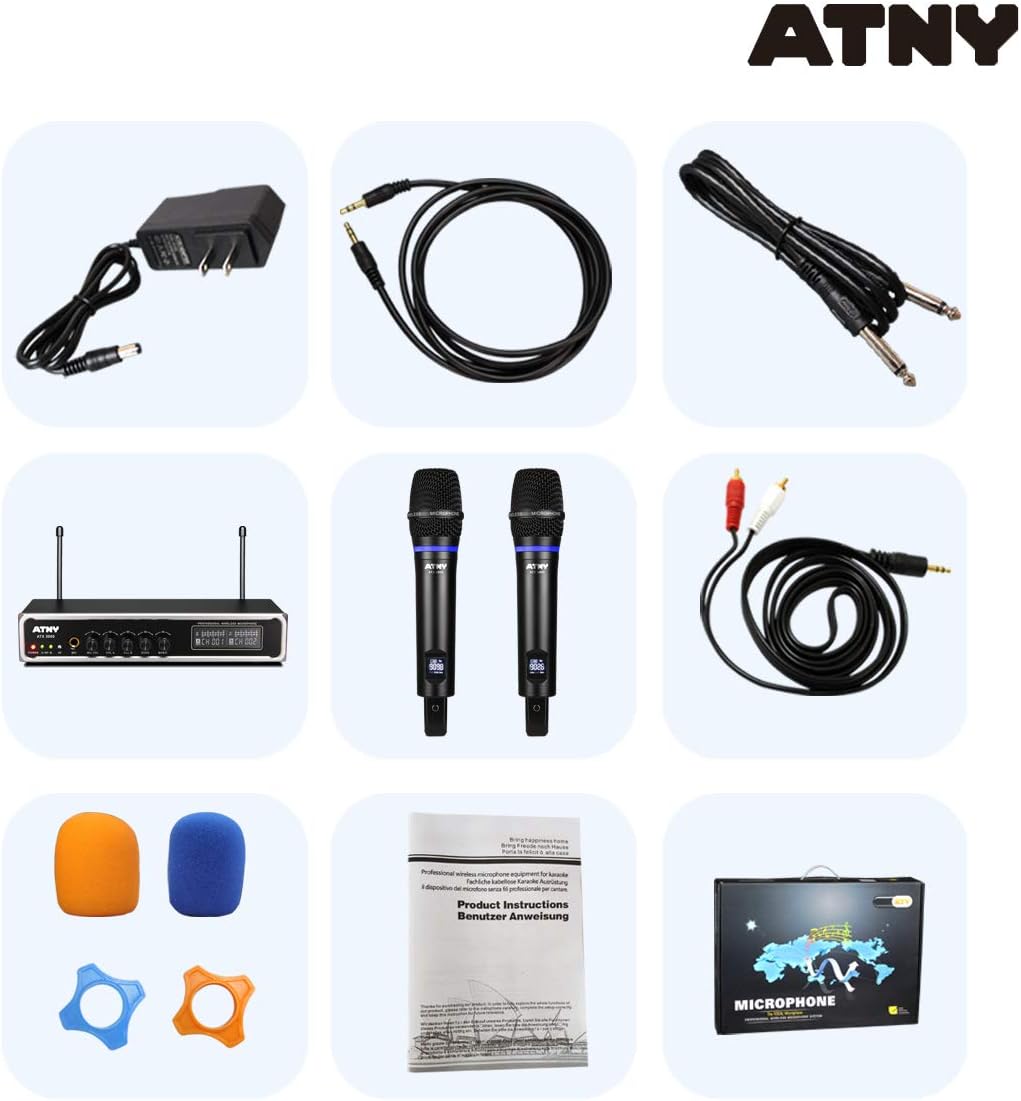 UHF Dual Channel Handheld Wireless Microphone System with 2 Rechargeable Metal Mics and LED Display Q777