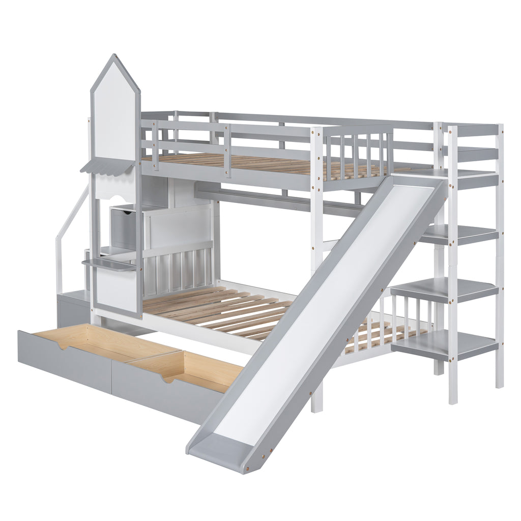 Twin Over Twin Bunk Bed with 2 Drawers and Slide, Gray G7831