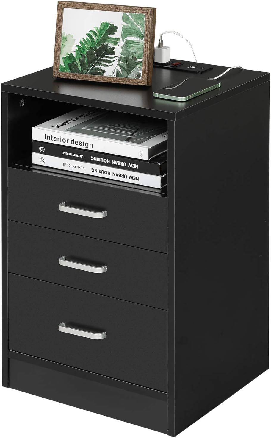 Black 3 Drawer Wood Nightstand with USB Port A940