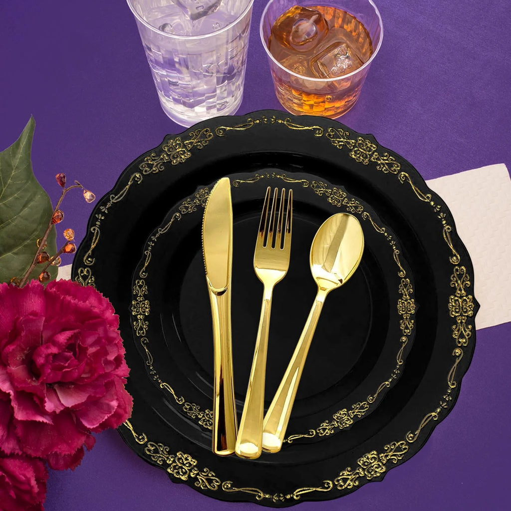 Black Gold Disposable Plastic Wedding Value Set (60 Guests) O643683
