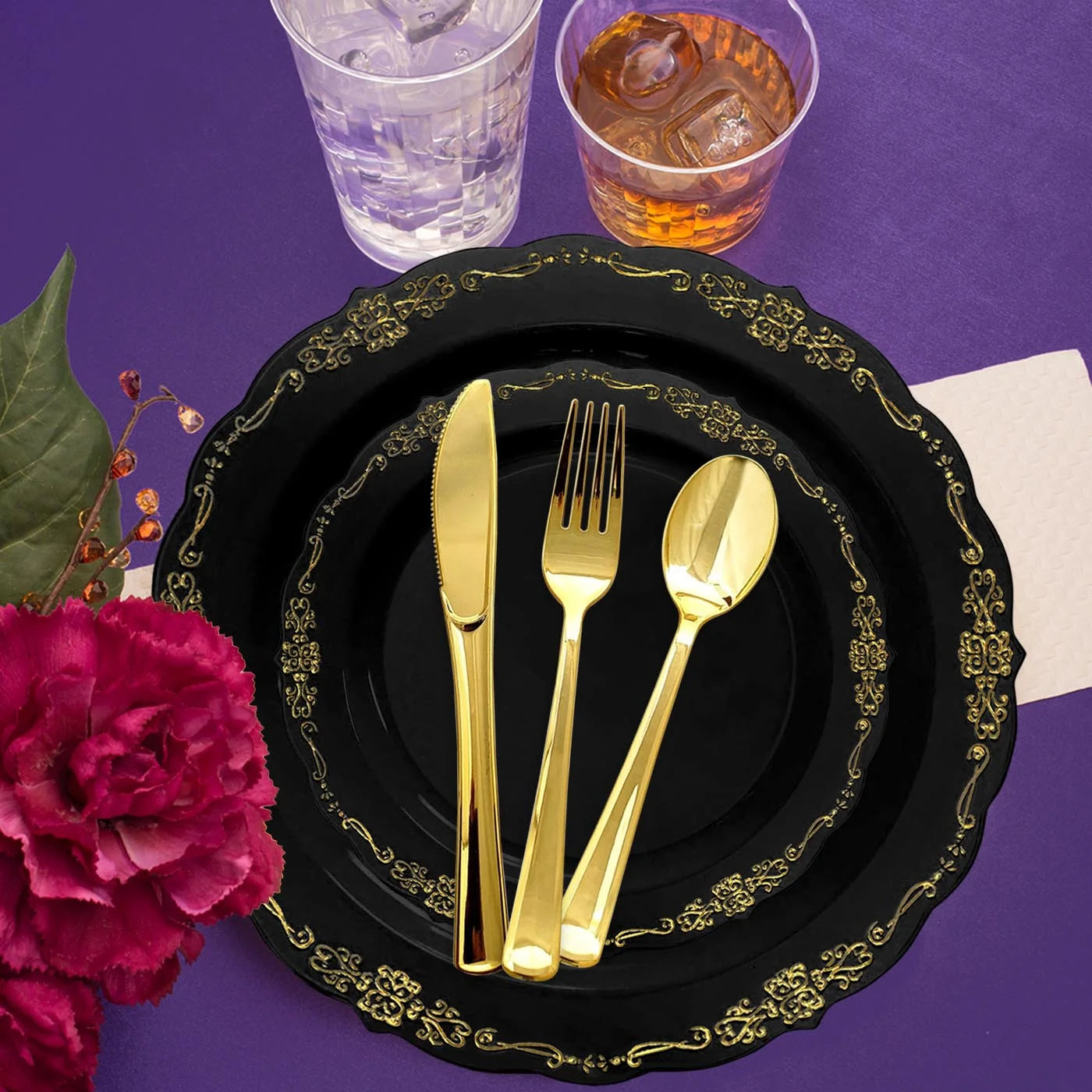 Black Gold Disposable Plastic Wedding Value Set (60 Guests) O643683