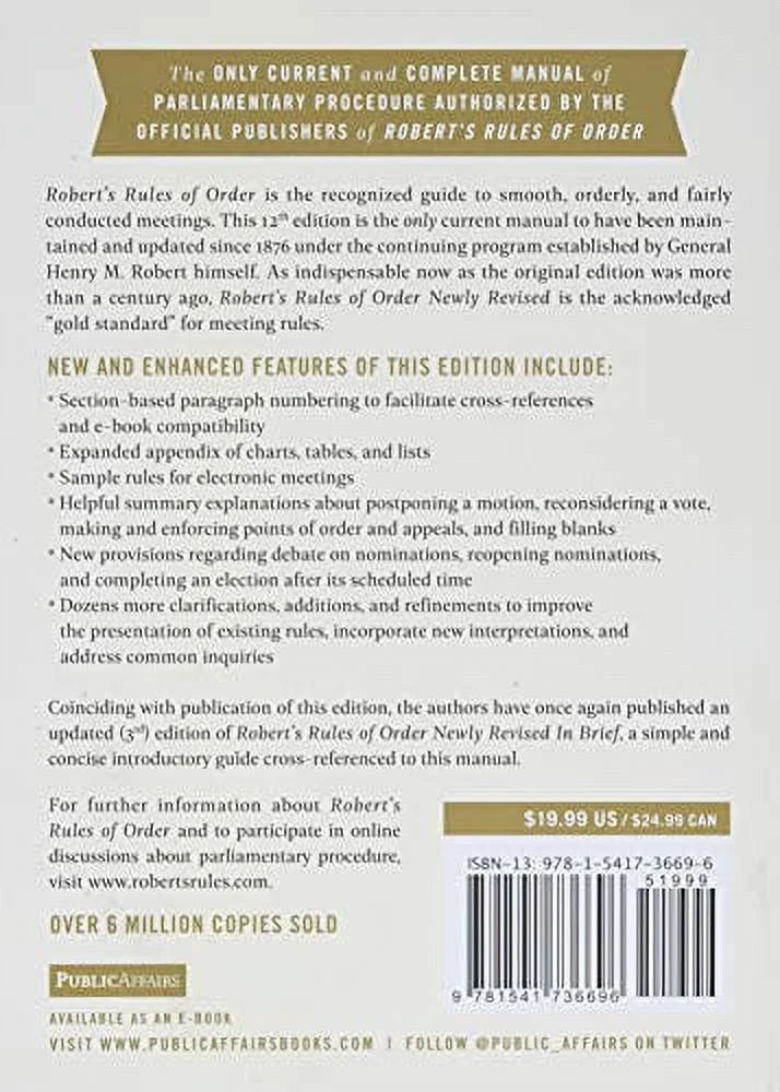 Robert's Rules of Order Newly Revised, 12th edition (Paperback) K1887