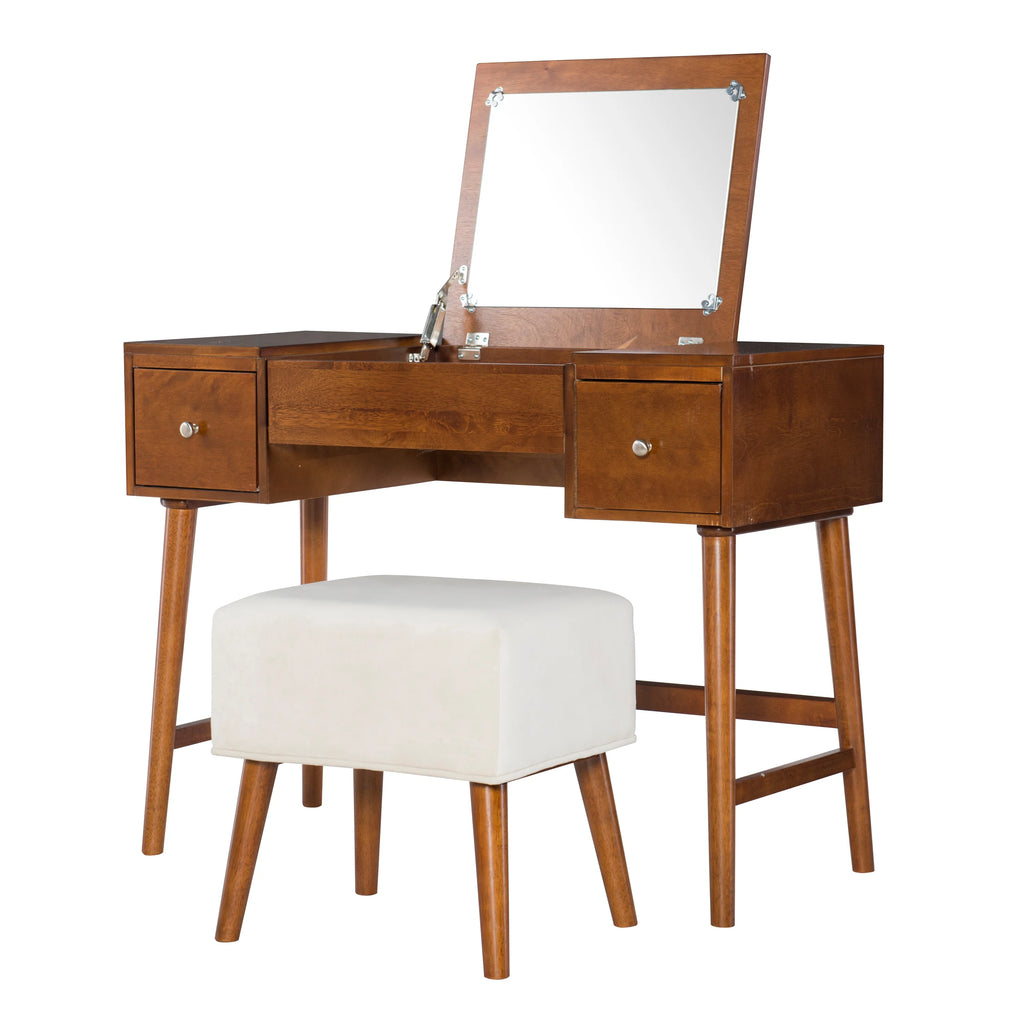 Walnut Finish 2-Piece Vanity Set with Flip-Top Mirror and Bench D468604
