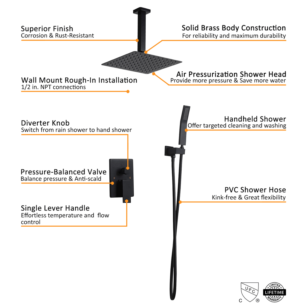 Matte Black Square Rain Shower Set with Ceiling Mount Rainfall Shower Head C4114