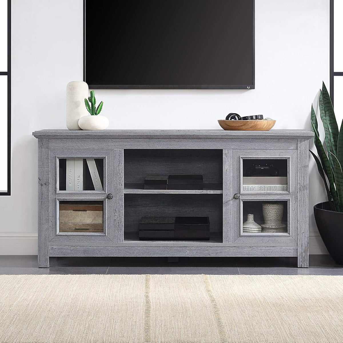 Espresso Farmhouse Electric Fireplace TV Stand with Open Storage Shelves and Cabinets I781