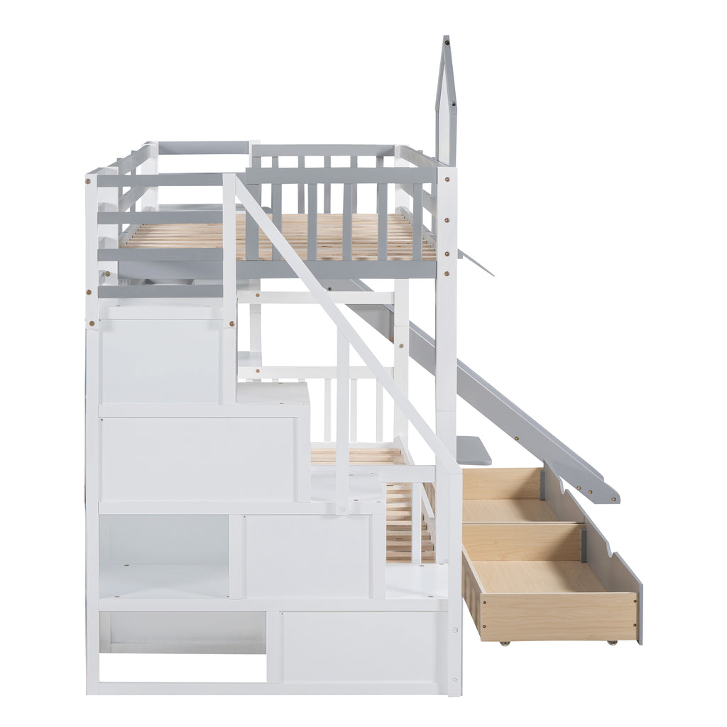 Twin Over Twin Bunk Bed with 2 Drawers and Slide, Gray G7831