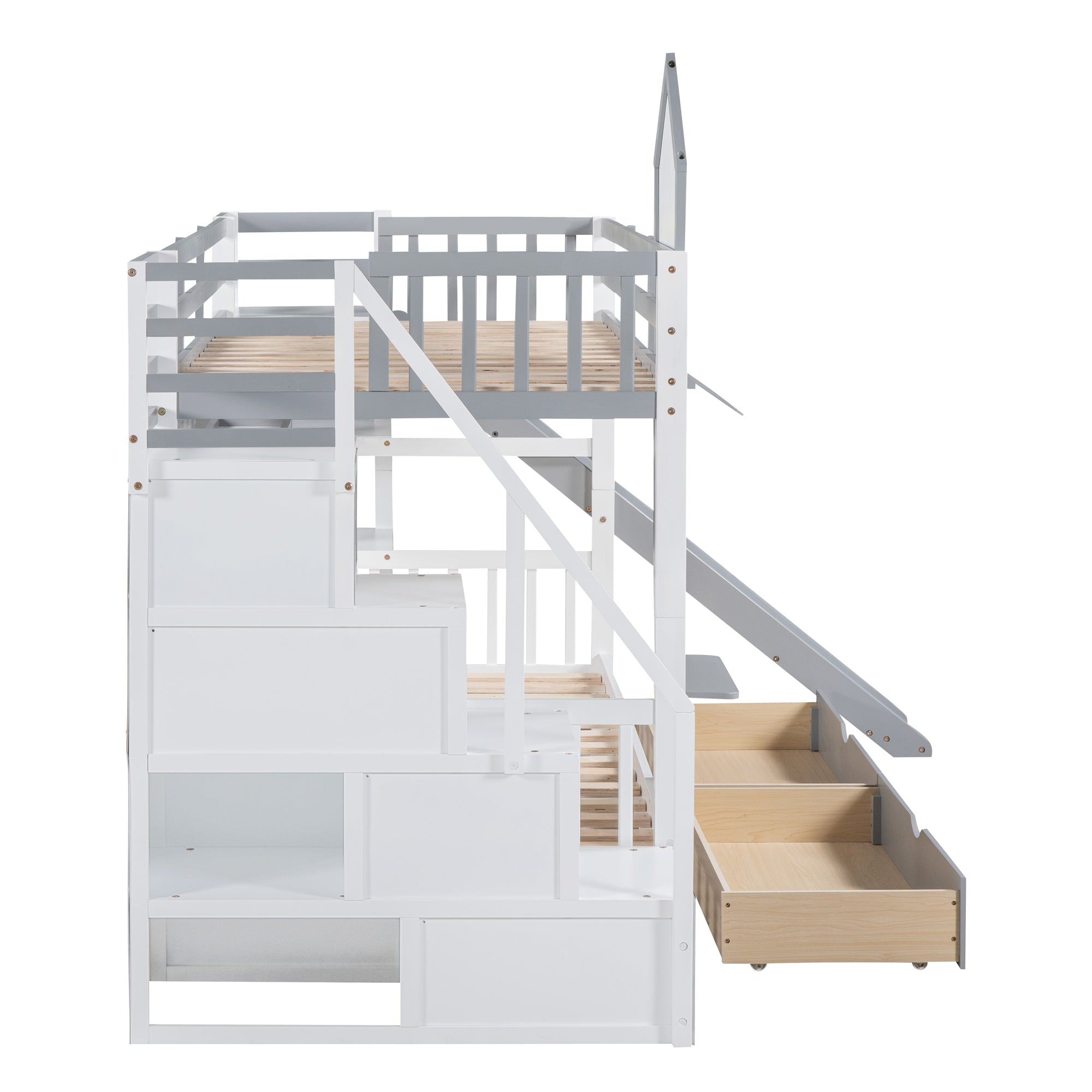 Twin Over Twin Bunk Bed with 2 Drawers and Slide, Gray G7831