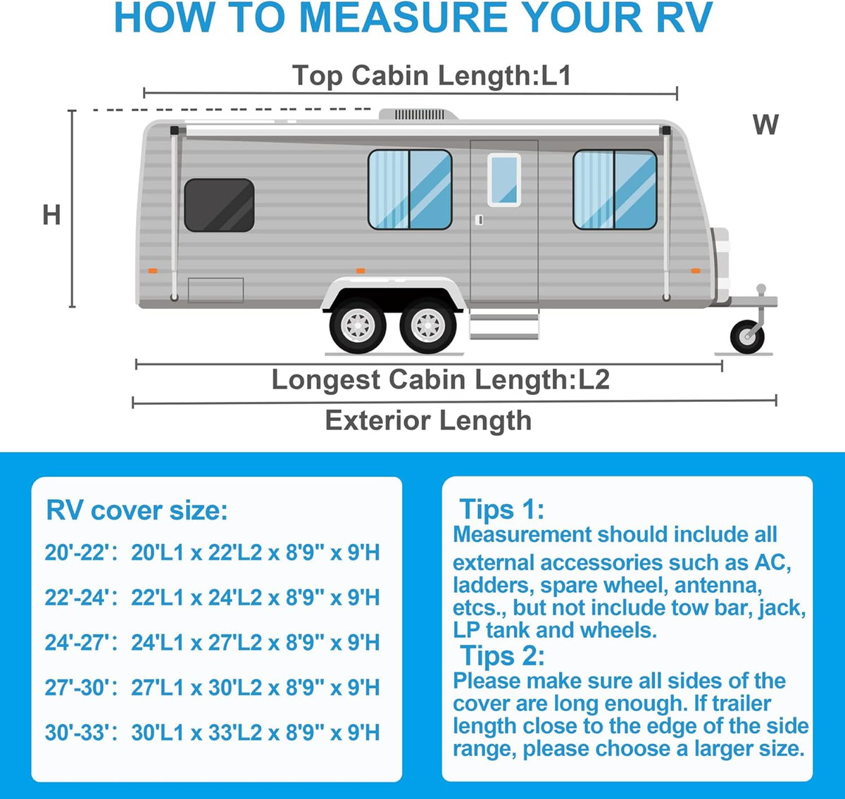 500D Rip-Stop Windproof RV Cover Fits 27'-30' Motorhome with Tire Covers D15867