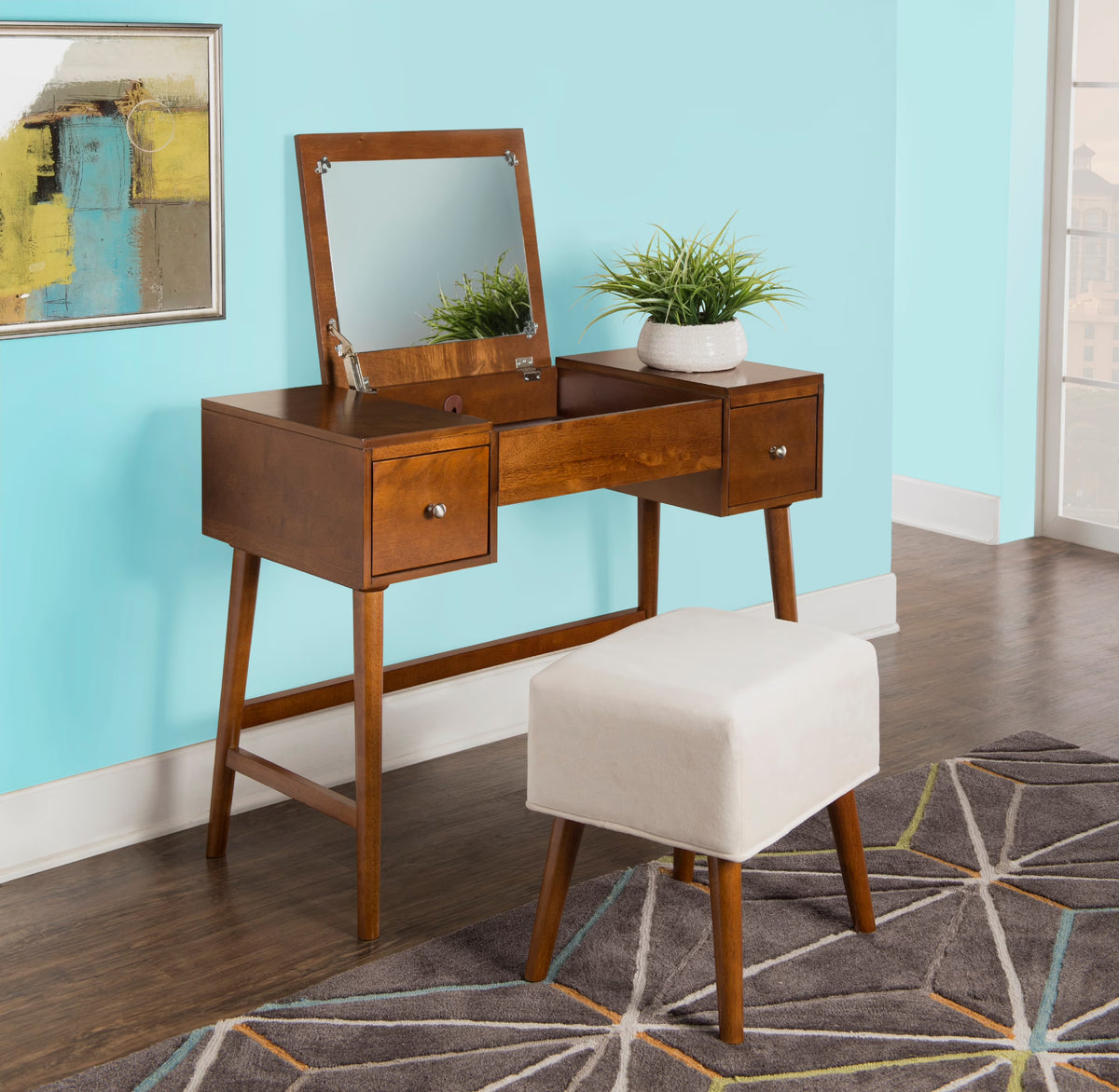 Walnut Finish 2-Piece Vanity Set with Flip-Top Mirror and Bench D468604