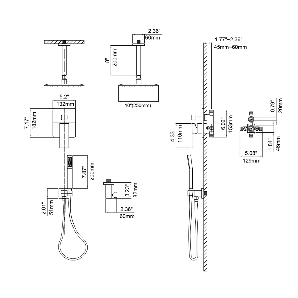 Matte Black Square Rain Shower Set with Ceiling Mount Rainfall Shower Head C4114