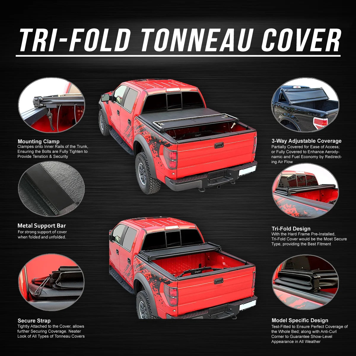 Adjustable Tri-Fold Soft Top Tonneau Cover A872