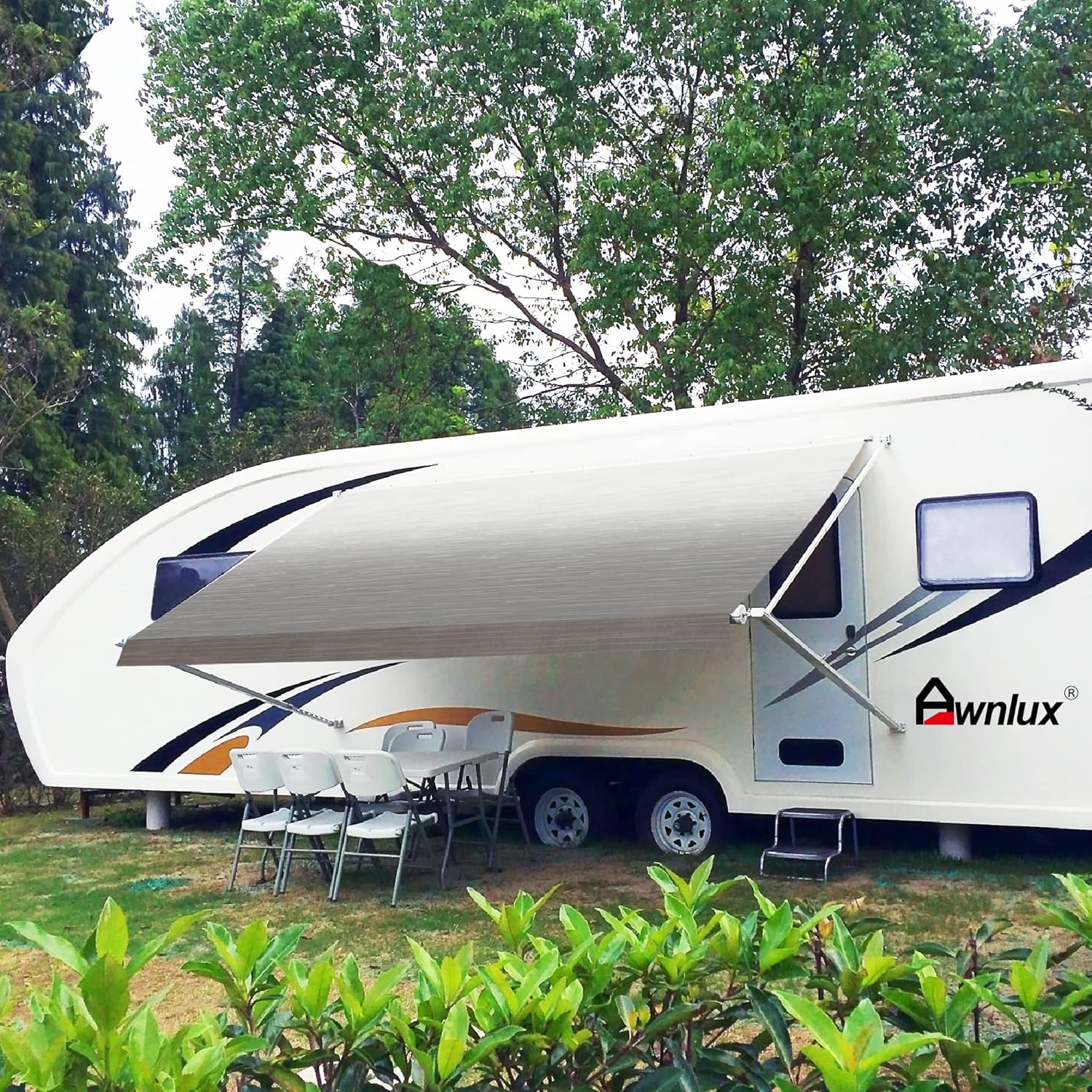 Blue Ombre White 12' Vinyl RV Awning Fabric Replacement with Press Plate & Pull Strap I71435