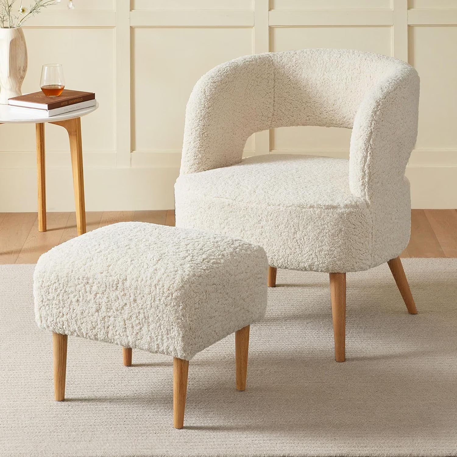 Beige Teddy Fleece Accent Chair with Ottoman and Wooden Legs J102
