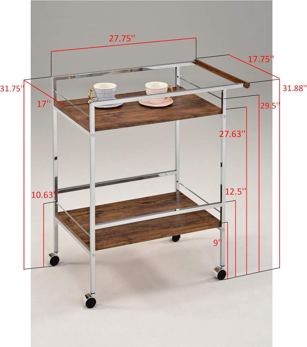 Chrome Oak Wood Metal Rolling Bar Serving Cart M8050