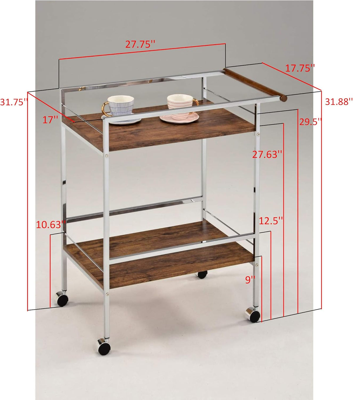 Chrome Oak Wood Metal Rolling Bar Serving Cart M8050