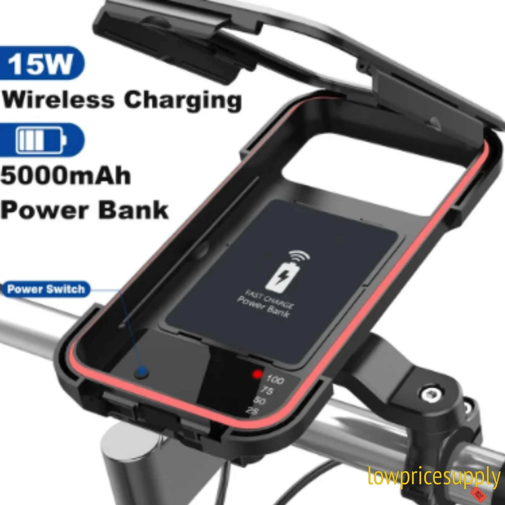Motorcycle Phone Holder with 15W Wireless Charging and USB-C, 5000mAh Power Bank, ABS Plastic M209