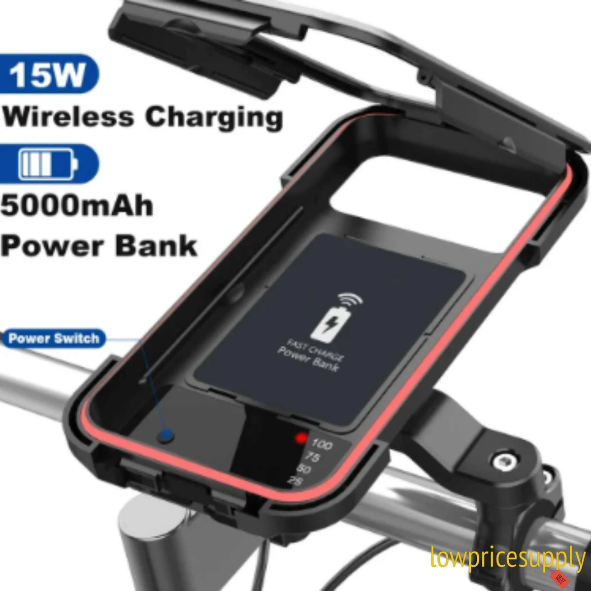 Motorcycle Phone Holder with 15W Wireless Charging and USB-C, 5000mAh Power Bank, ABS Plastic M209