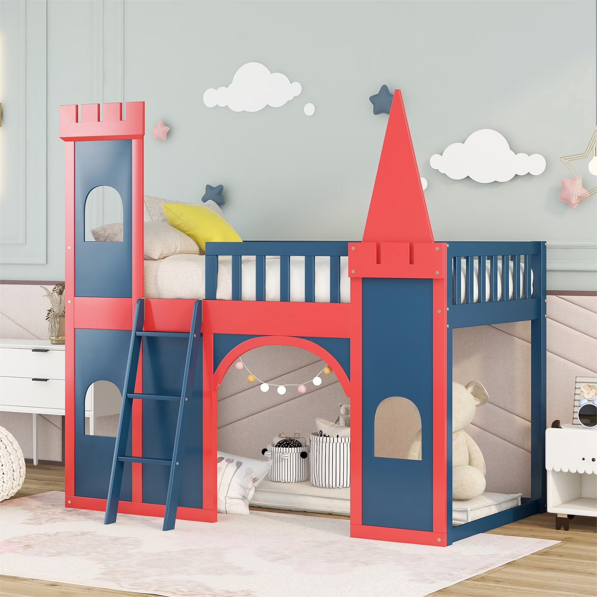 Red and Blue Twin Size Loft Bed with Ladder E9605