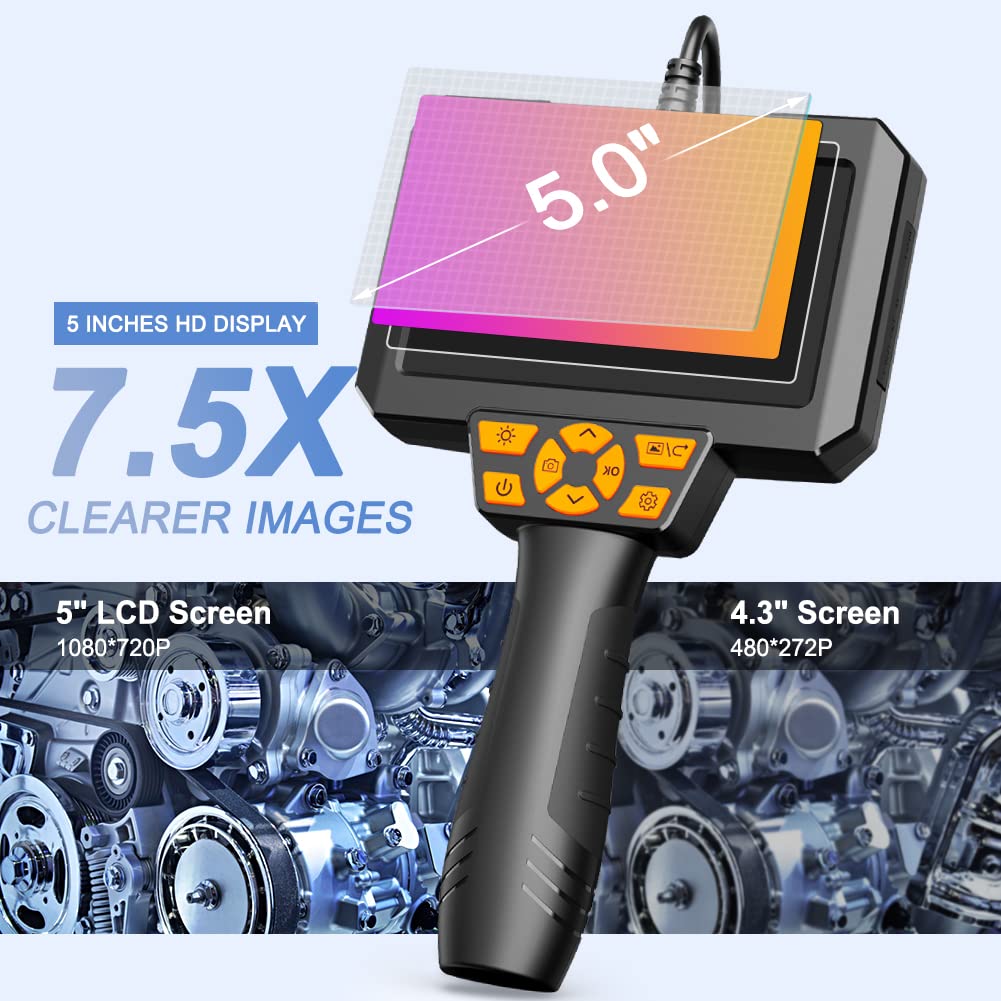 5 Inch Dual Lens Endoscope Camera with 16.5FT Semi-Rigid Cable and 32GB SD Card G5766