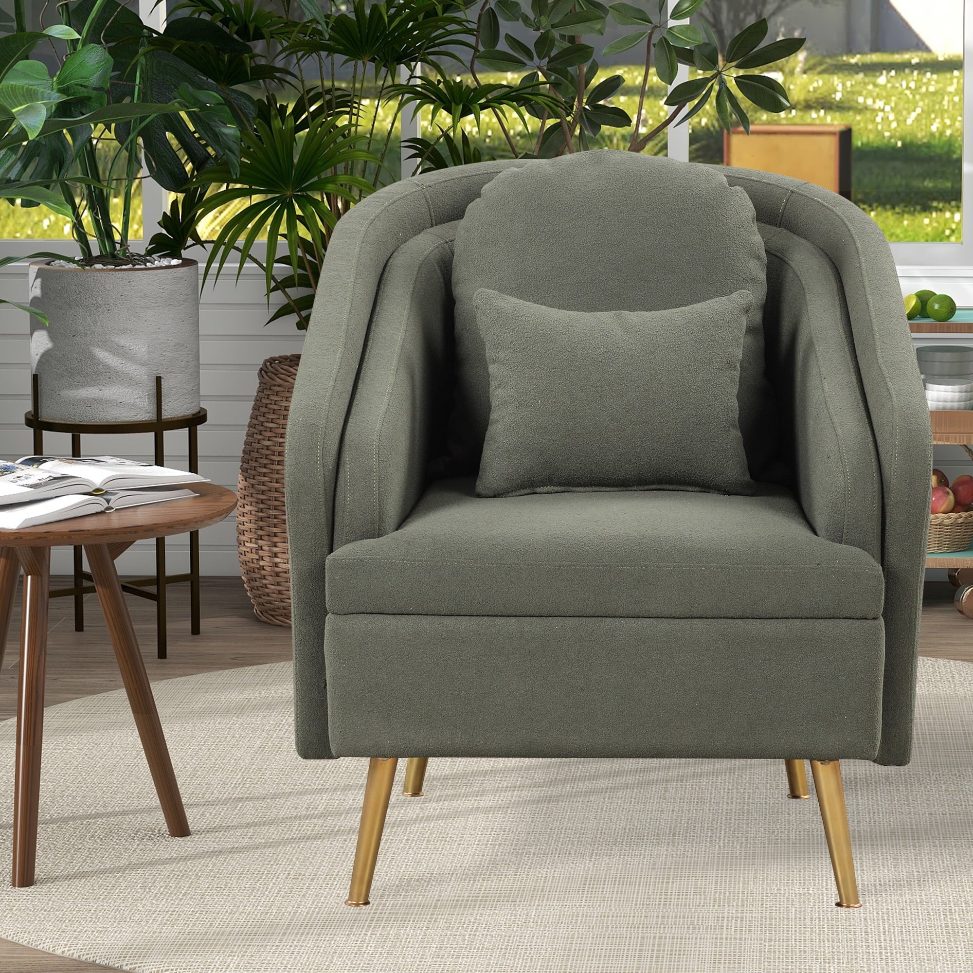 Seaweed Green Upholstered Accent Chair with Lumbar Pillow and Metal Legs Y834