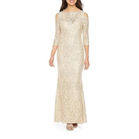 Beige 3/4 Sleeve Cold Shoulder Sequin Evening Gown F1910