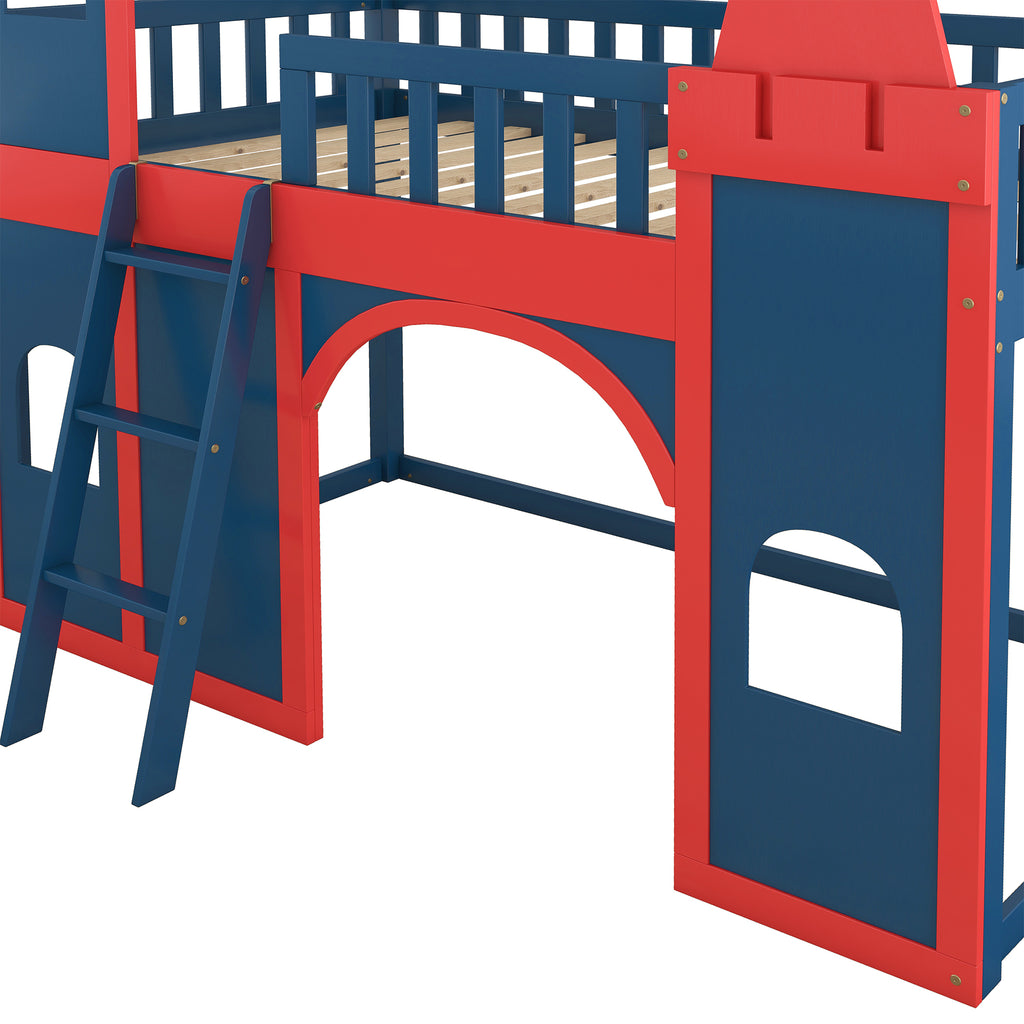 Red and Blue Twin Size Loft Bed with Ladder E9605