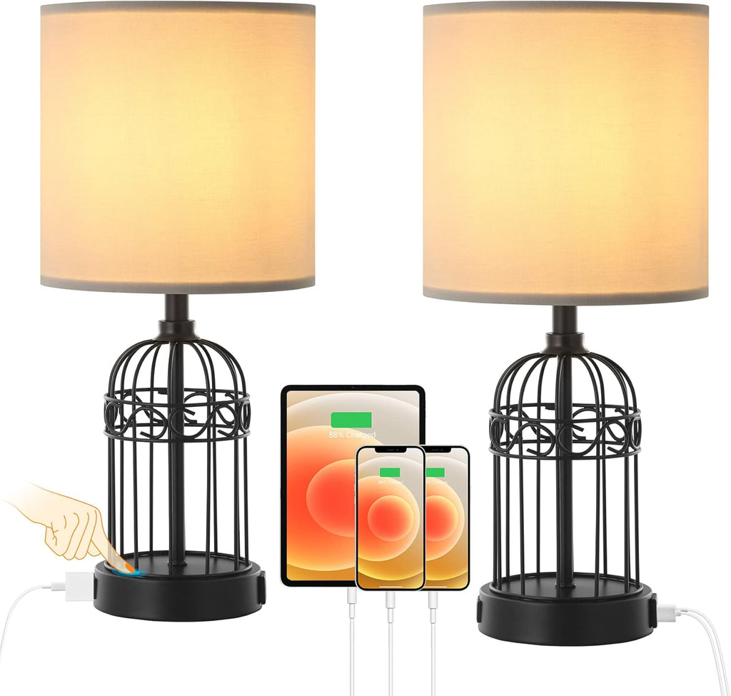 Black Cage Table Lamp Set of 2 with USB Ports and Outlets, 3-Way Dimmable, Bulbs Included W914