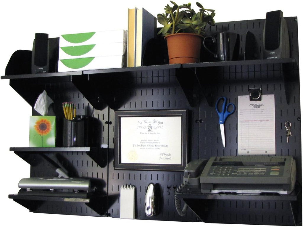 Black Wall Mounted Office Storage Organizer Kit with Metallic Wall Panels N3361