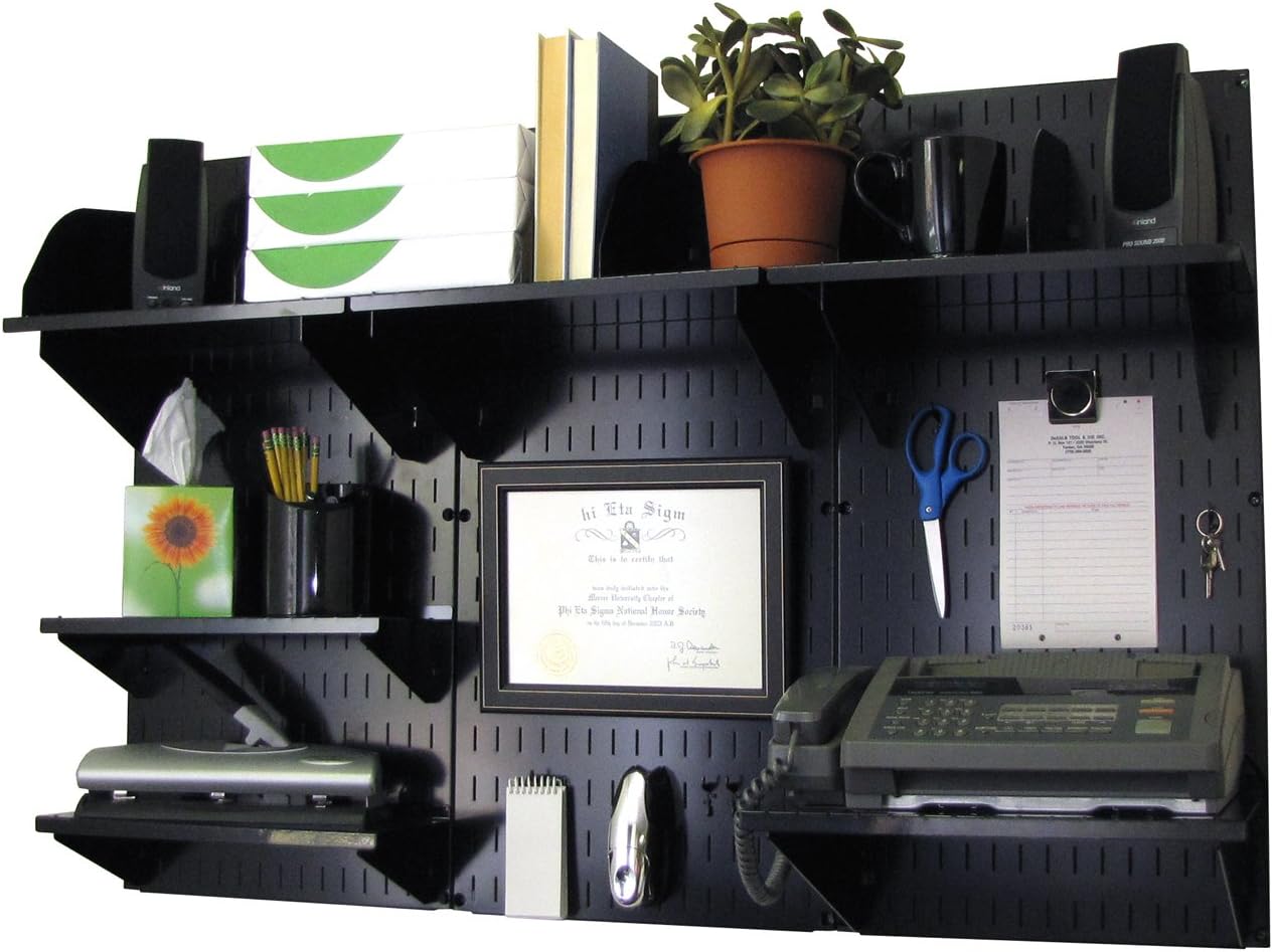 Black Wall Mounted Office Storage Organizer Kit with Metallic Wall Panels N3361