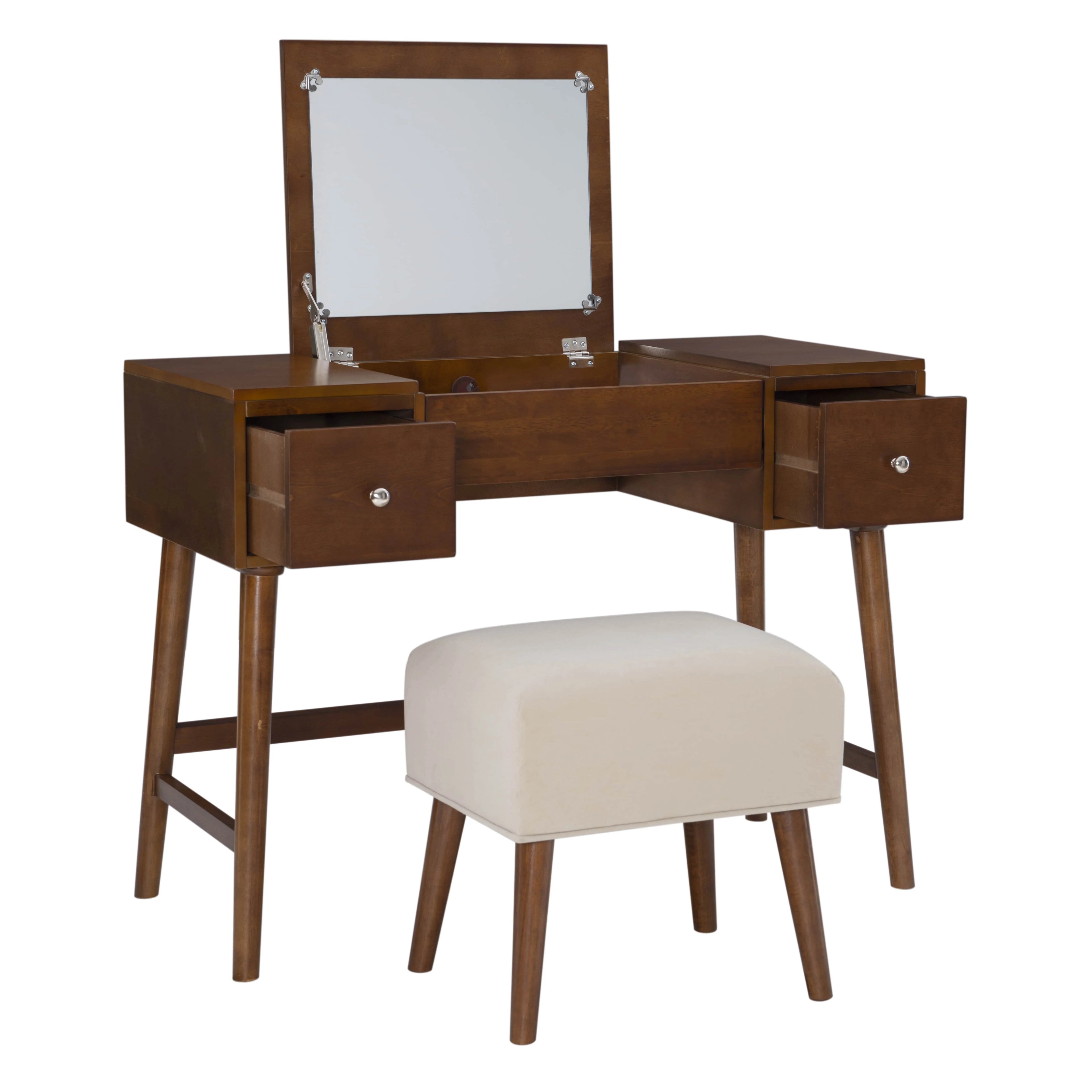 Walnut Finish 2-Piece Vanity Set with Flip-Top Mirror and Bench D468604