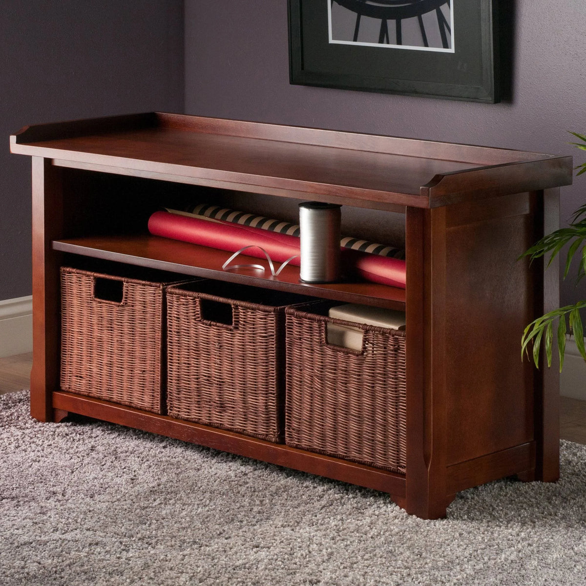 Antique Walnut Wood Bench With Storage Shelf B714851