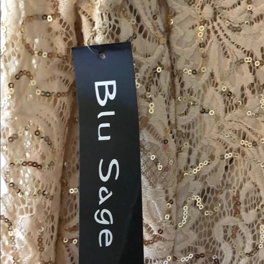 Beige 3/4 Sleeve Cold Shoulder Sequin Evening Gown F1910