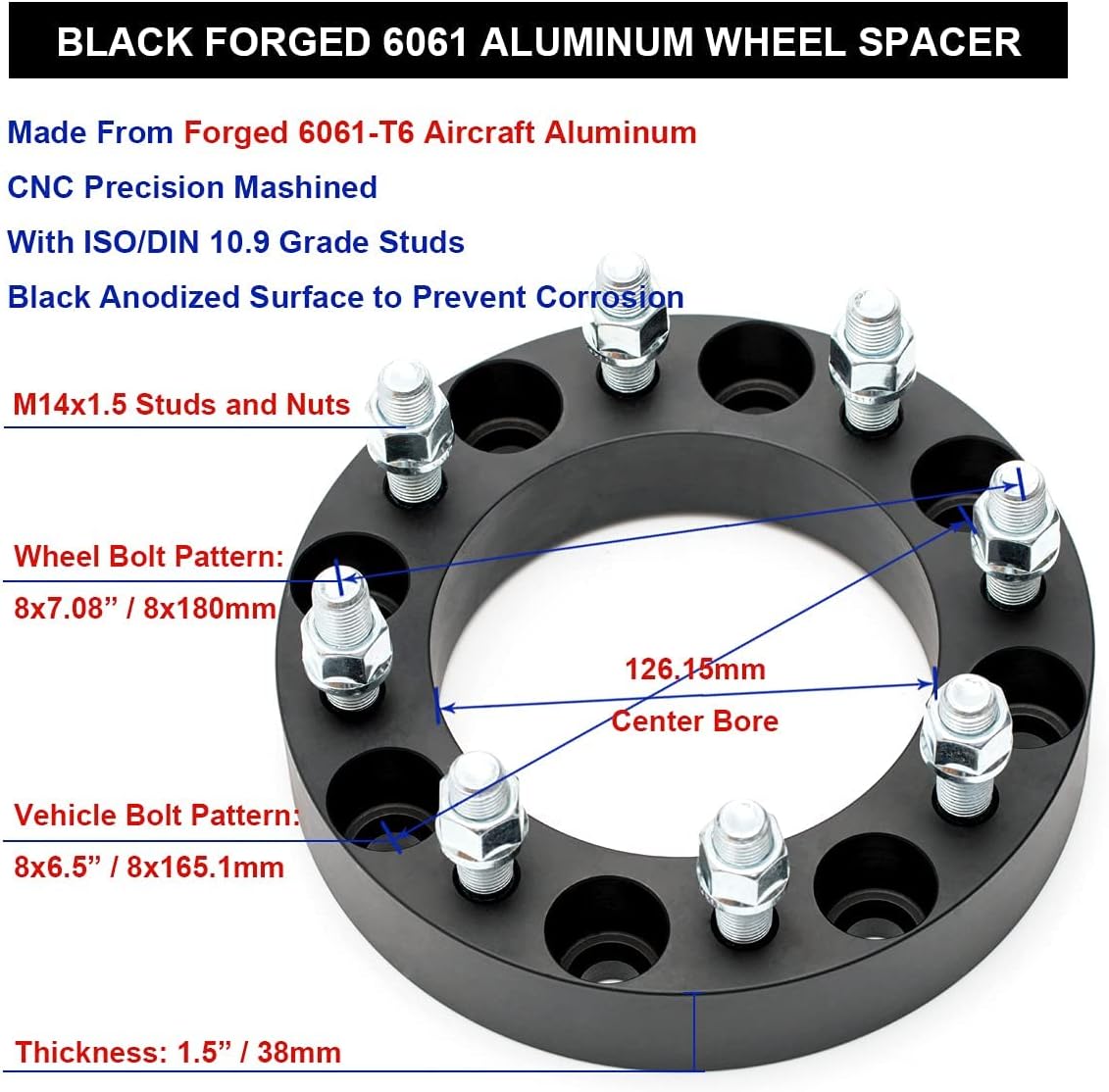 Black Forged 1.5 Inch Wheel Adapters with M14x1.5 Studs, Pack of 2 A78847