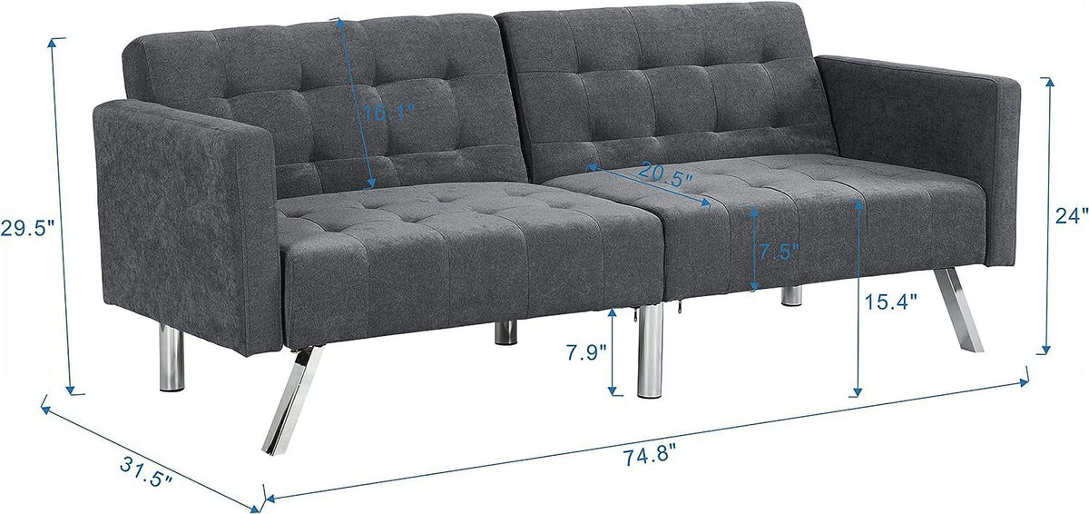 75" Convertible Folding Futon Sofa Bed with Armrest and Chrome Legs L828
