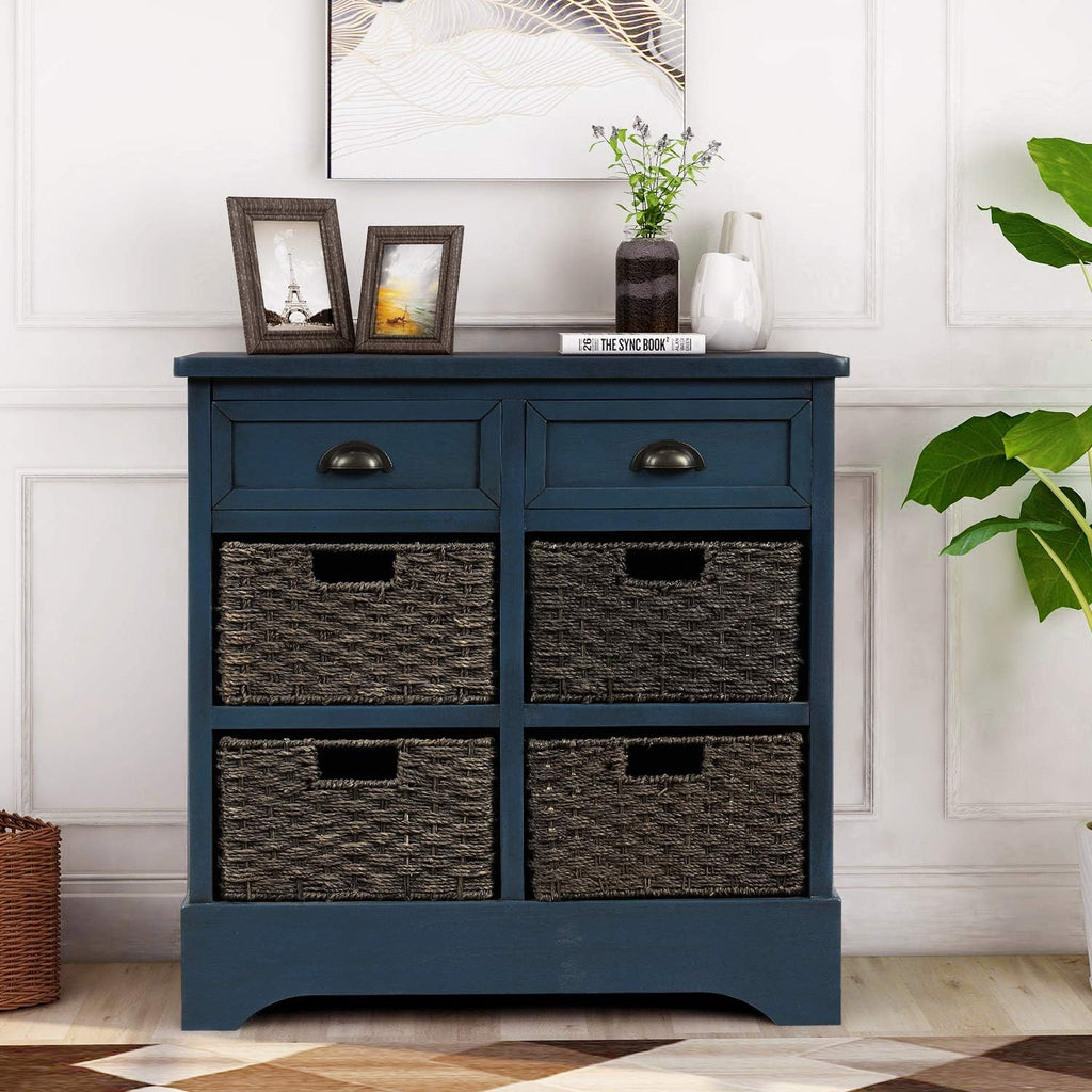 Rustic Storage Cabinet with Two Drawers and Four Fabric Basket (White) U29879