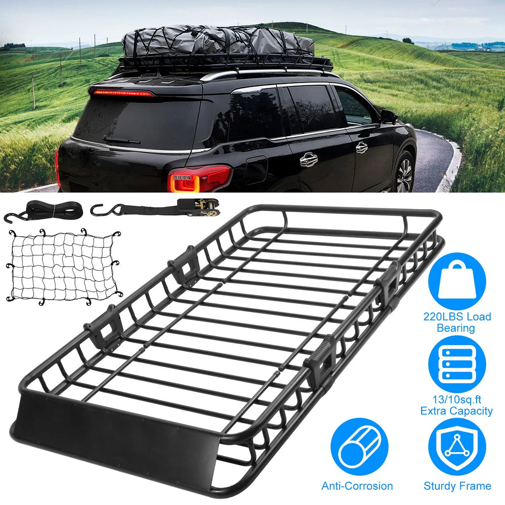 64" Roof Rack Cargo Carrier Car Top Luggage Basket Black with Net and Hook P876645