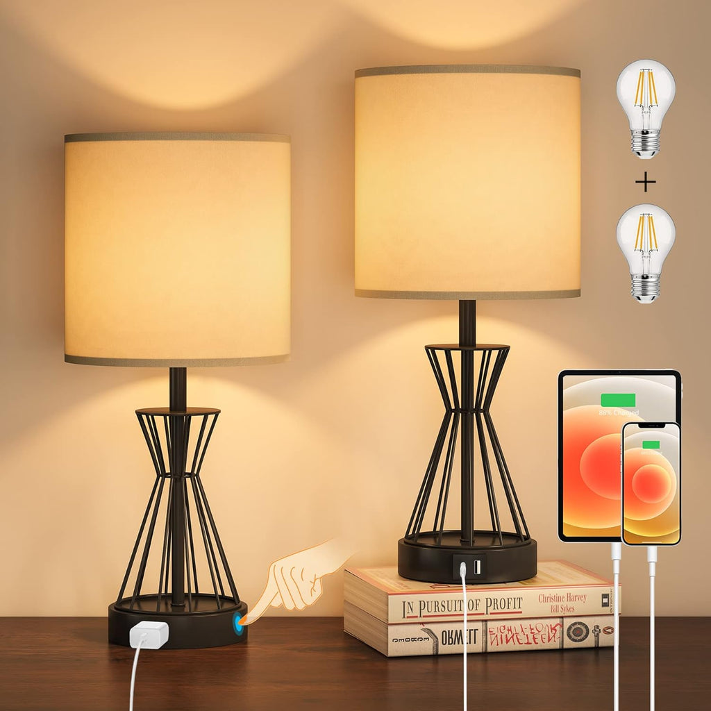 Black Cage Table Lamp Set of 2 with USB Ports and Outlets, 3-Way Dimmable, Bulbs Included W914