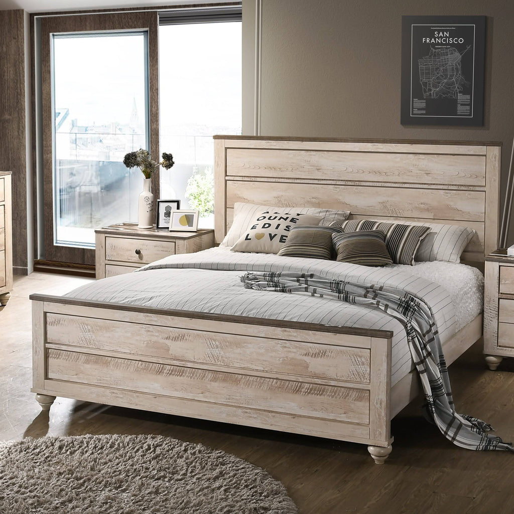 King White Wash Finish Panel Bed K506