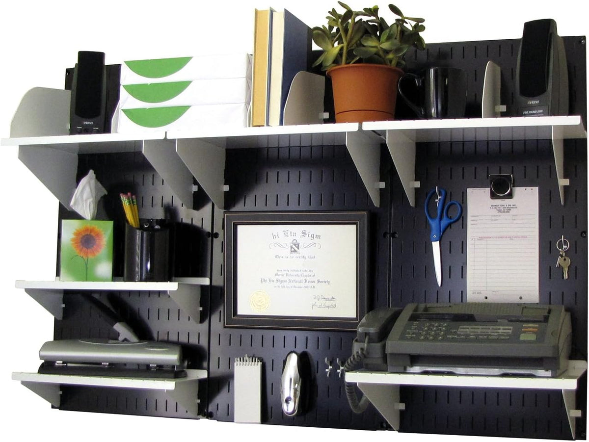 Black Wall Mounted Office Storage Organizer Kit with Metallic Wall Panels N3361